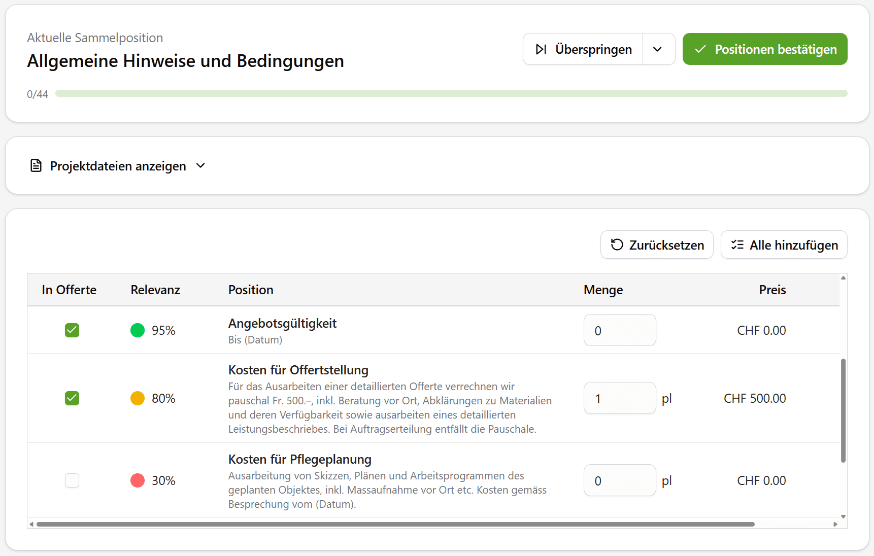 Screenshot der Devisieren App: KI analysiert Gartenbaupläne und erstellt Offertenpositionen