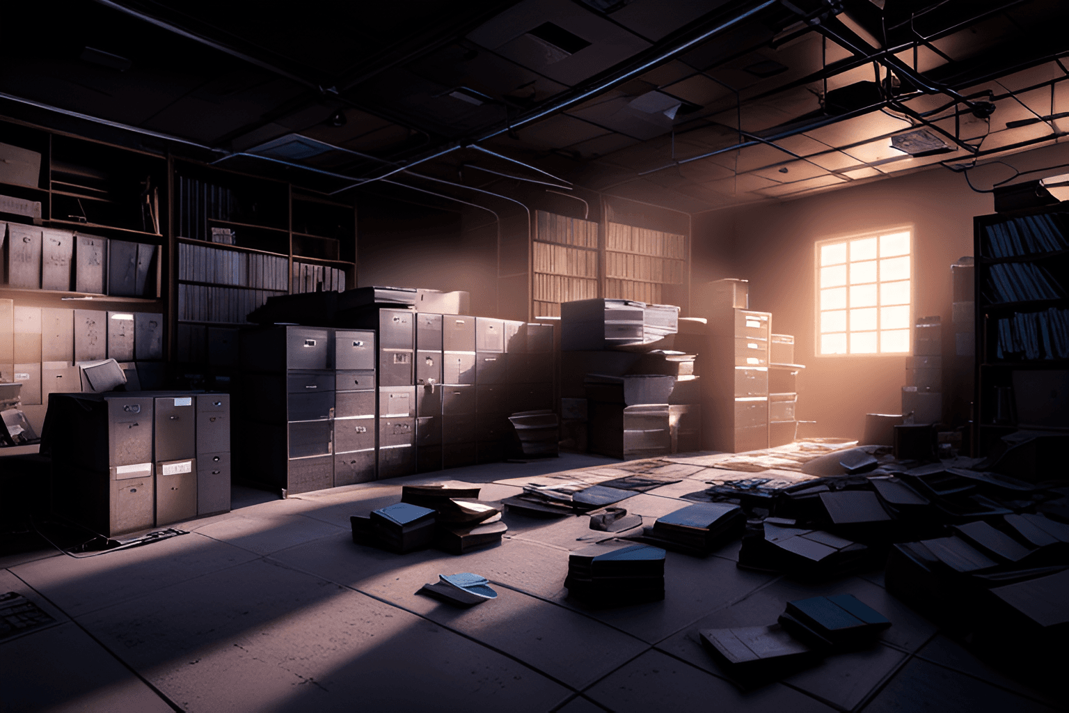 Ein staubiges Archiv mit wenig Licht, das bis oben voll mit gestapelten Aktenordnerg ist.