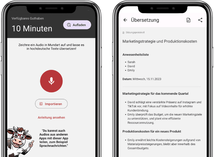 Screenshots der Schweizerdeutsch übersetzen App