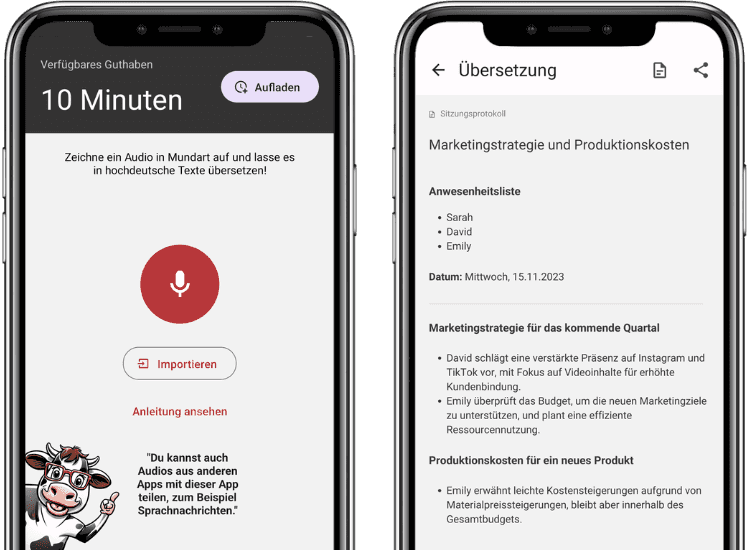 Screenshots der Schweizerdeutsch übersetzen App