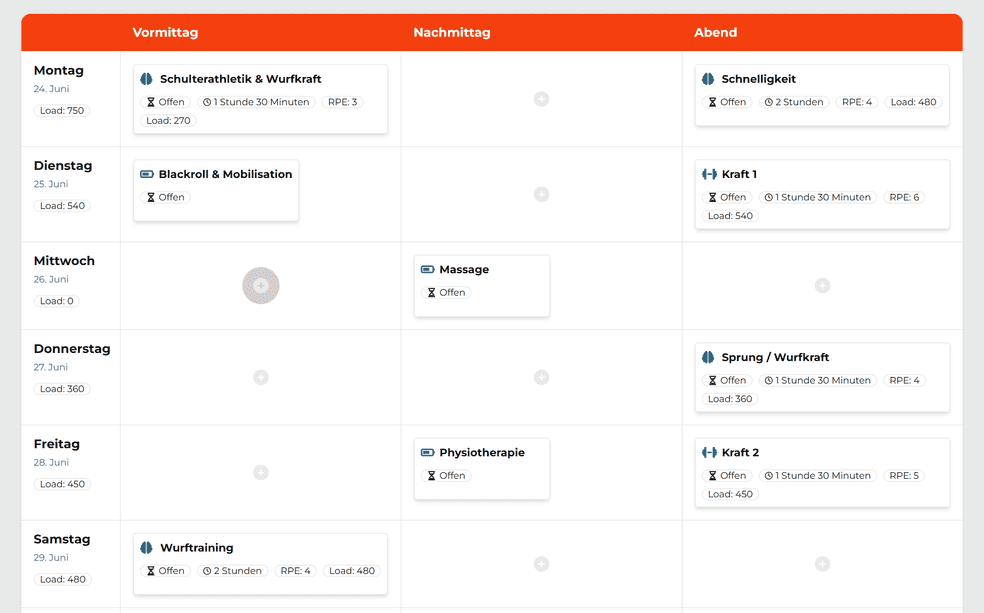 Screenshot eines Wochenplans in der TrackAthlete App
